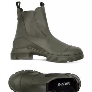 Ganni Recycled Rubber Chelsea Boots Rain Ankle Booties Kalamata Olive Green US 6